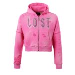 Lost Intricacy Distressed Pink Rhinestone Womens Zip Up Hoodie