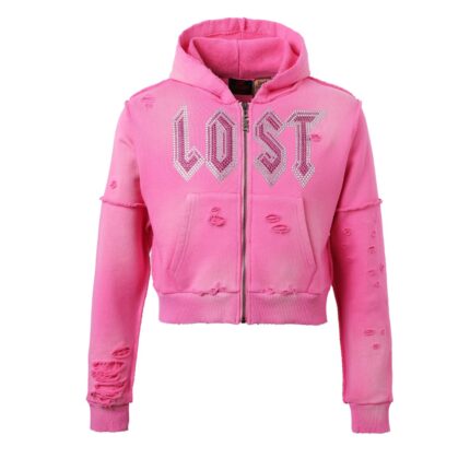 Lost Intricacy Distressed Pink Rhinestone Womens Zip Up Hoodie