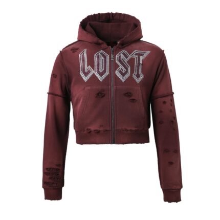 Lost Intricacy Burgundy Women Rhinestone Zip Up Hoodie