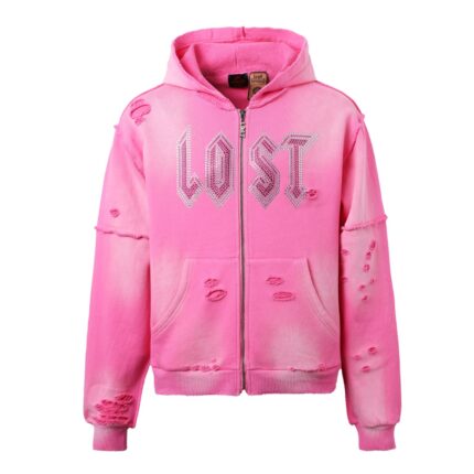 Lost Intricacy Distressed Pink Rhinestone Zip Up Hoodie