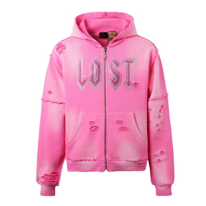 Lost Intricacy Distressed Pink Rhinestone Zip Up Hoodie