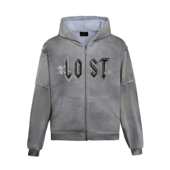 Lost Intricacy Grey Grunge Zip Up Hoodie