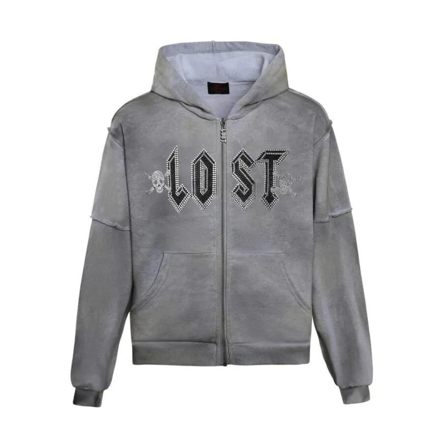 Lost Intricacy Grey Grunge Zip Up Hoodie Lost Intricacy Grey Grunge Zip Up Hoodie